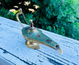 Vintage Brass Gold Tone Green Hand Painted Floral Genie Lamp Incense Burner