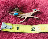 Southwest Signed Copper Handmade Turquoise Roadrunner Bird Pin Brooch Set of 2