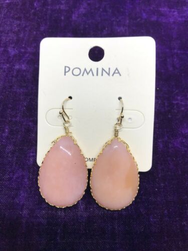 Large Coral Pink Teardrop Pomina Hand-Crafted Gold Wire Wrap Stone Earrings