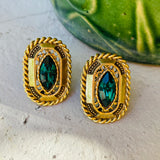 Vintage Gold Tone Ornate Emerald Green Stone Clip on Fashion Earrings