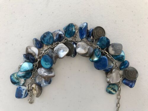 Vintage Blue Shell Cai Guang Jin Coin Moon Star Charm Silver Tone Ankle Bracelet