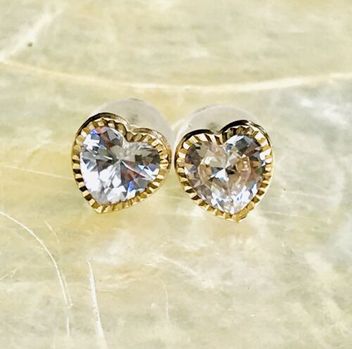 10k Gold Cubic Zirconia Round Bezel Heart Post Earrings