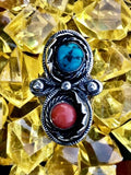 Vintage Native American Turquoise + Coral Sterling Silver Ring Size 8.5