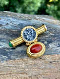 Coral Lapis + Malachite Italian Coin Brooch Pin