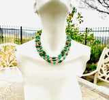 Artisan 3 Strand Green Art Glass Bead Faux Pearl Rose Gold Tone Fashion Necklace