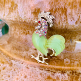Green Jade Gold Tone Rhinestone Rooster Chicken Cock Fashion Brooch Pin