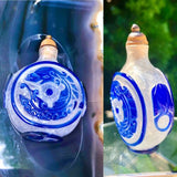 Chinese Carved Peking Glass Blue Overlay Dragon Tigers Eye Stone Snuff Bottle