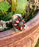 Sterling Silver Signed 925 Marcasite Red Garnet Stone Flower Ring 17g Size 5.5