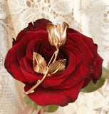 Original GIOVANNI Golden Rosebud brooch Signed Jewelry Gold Tone Rose Leaf Pin