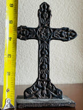 Vintage Ornate Floral High Relief Cast Iron Mounted Religious Cross Statue Decor