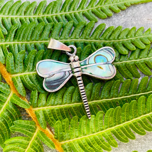 Vintage Sterling Silver 925 Abalone Dragonfly Gemstone Pendant Charm 3.5