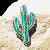 Vintage Enamel Emerald Green Cactus Desert Rhinestone Fashion Brooch Pin