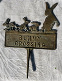 Vintage Iron Metal Bronze Tone Rabbit Bunny Crossing Garden Decorative Sign