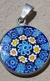 Italian AMV Millefiori Floral Blue Art Glass Pendant Sterling Silver 925