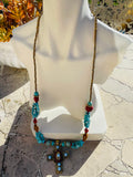 Artisan Blue Gold Tone Faux Turquoise Coral Color Stone Art Bead Cross Necklace