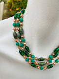 Artisan 3 Strand Green Art Glass Bead Faux Pearl Rose Gold Tone Fashion Necklace