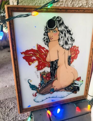 Vargas Style Hand Painted Sexy Woman on Elf Painting Glass w Wood Frame