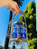 Silver Tone Ornate Bohemian Cobalt Blue Glass Pickle Jar Castor w Lid & Tongs
