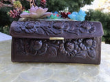 Hand Tooled Brown Leather Relief Flowers Mexican Mirror Wallet Clutch Organizer
