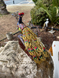 Cloisonne Enamel MultiColor Peacock Bird Gold Brass Figurine Wood Mounted