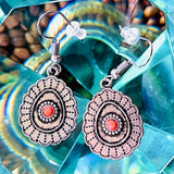 Silver Tone Mandala Red Stone Pierced Dangle Drop Hanging Fashion Earrings