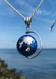 Beautiful Unique 925 Sterling Silver Blue Enamel Spinning Globe Necklace+Pendant