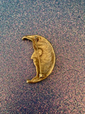 Vintage Crescent Moon Gold Tone Face Designer Signed Brooch Pin