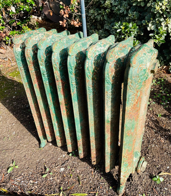 Antique 8 Column Ornate Victorian Motif Green Cast Iron Radiator
