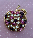 Vintage Goldtone Apple Brooch Pin W Pink And Purple Rhinestones