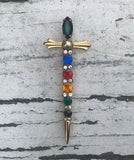 Antique Sterling Silver 925 Vermeil Gold Tone Jewel Multi Color Sword Pin Brooch