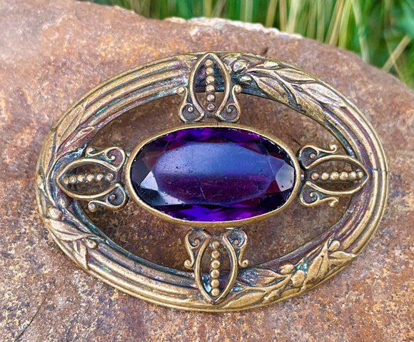 Antique Ornate Gold Tone Purple Gem Stone Brooch Pin