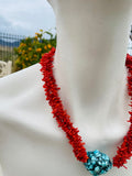 Red Dyed Coral Turquoise Tone Stone Beaded Necklace & Bracelet Fashion Jewelry Set