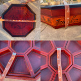 Vintage Japanese Red Lacquer Wood Scenic Animals Large Trinket Octagonal Box