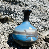 Hand Painted Blue Black Signed Scenic Boat Lake Mini Art Pottery Decorative Vase