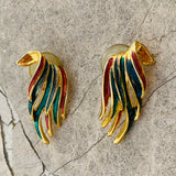 Vintage Enamel Multi Color Gold Tone Wing Flair Fashion Pierced Earrings