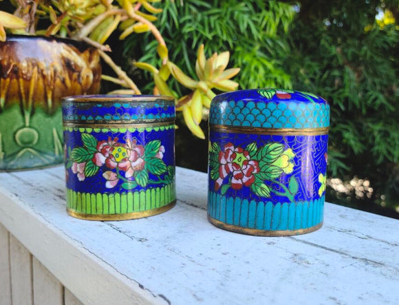 Antique Chinese Cloisonné Enamel Floral Cylindrical Trinket Box Ginger Jar Set