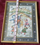 Vintage Indian Persian Hunting Scene Hand Painted On Silk Fabric Framed