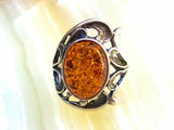 Vintage Ornate Oval Honey Amber Stone Swirl Sterling Silver 925 Ring Size 5.75