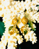 Vintage Sterling Silver 925 Yellow Green Enamel Leaves Dangle Drop Earrings