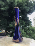 Vintage Large Tall Blue Cobalt Art Glass w Copper Floral Accents Vase