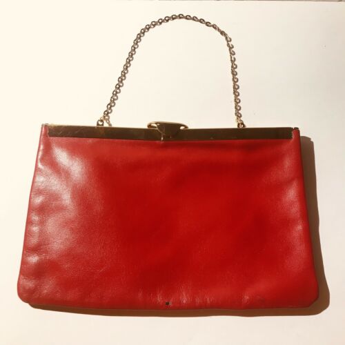 Vintage ETRA Red Genuine Leather Clutch Small Handbag 1960s