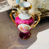 Limoges France Lourdes Porcelain D' Art Pink Gold Tone Couple Vase w Handles