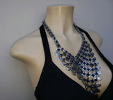 Signed Chicos Silvertone Bin Style Statement Necklace w Blue Stones