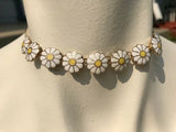 White And Yellow Enamel Daisy Flower Gold Tone Choker Necklace