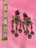 Beautiful Goldtone Pink + White Rhinestone Floral Dangle Pierced Earrings