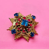 Antique Ornate Gold Tone Metal Colorful Bue Red Rhinestone Star Crest Brooch Pin