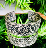 Antique Sterling Silver Floral Repoussé Cuff Open Bangle Bracelet