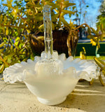 Vintage Clear White Milk Art Glass Ruffled Handled Wedding Basket