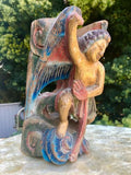 Asian Wood Carved Guardian Winged Angel Ancestor Painted Statue Hanging Wall Art