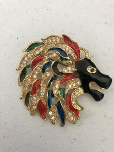 Vintage Lion With Rhinestones Gold Tone Enamel Painted Multicolor Pin Brooch